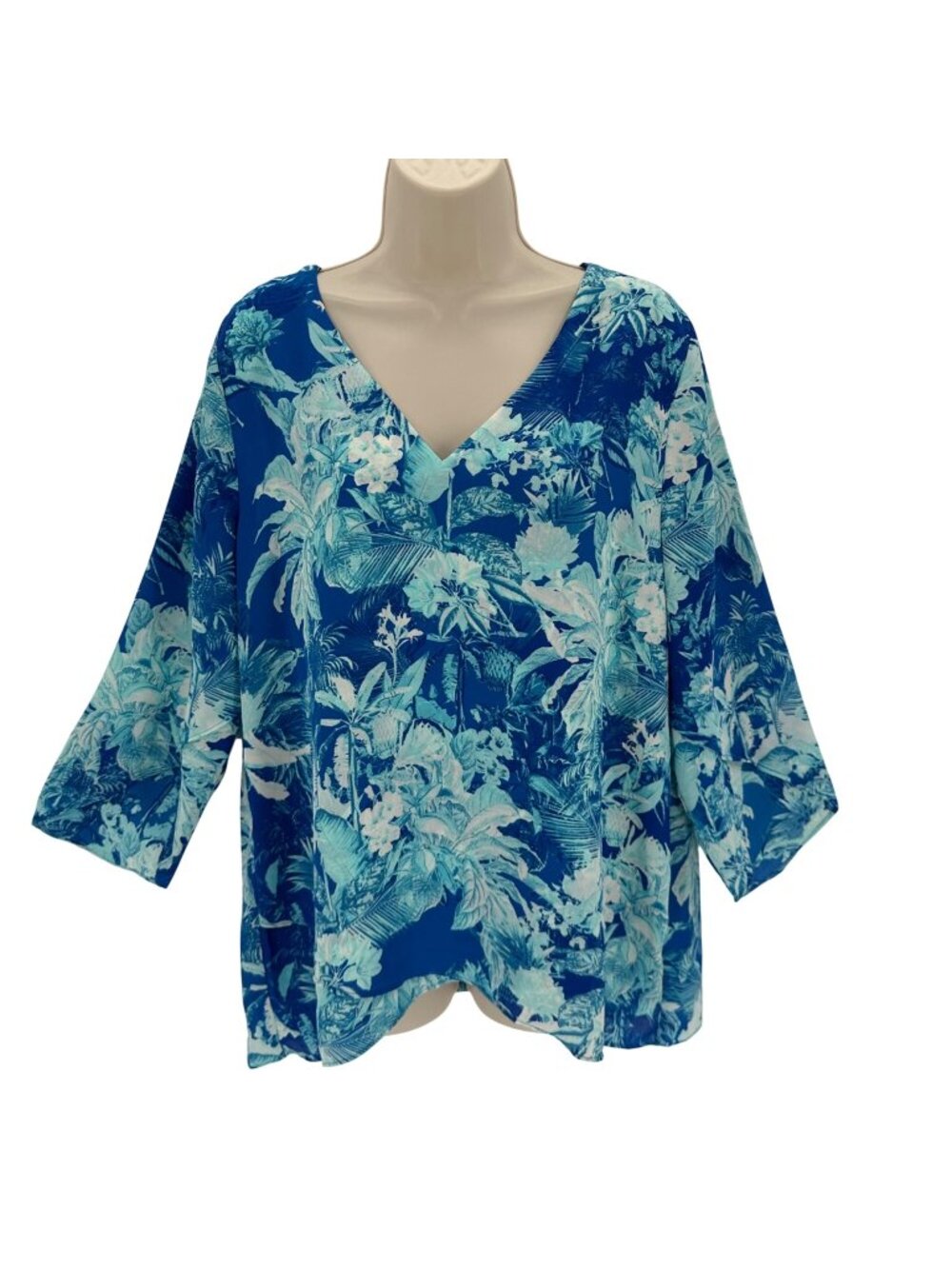 Beautiful By Lawrence Zarian Womens Blue Floral V-Neck 3/4 Sleeves Blouse M